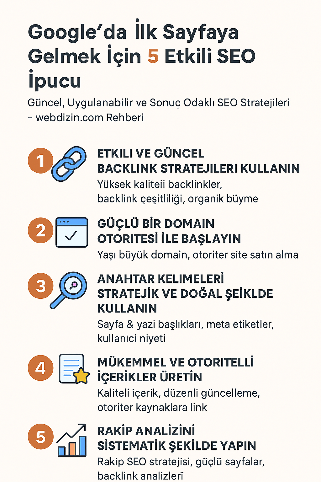 Google’da İlk Sayfaya Gelmek İçin 5 Etkili SEO İpucu, Etkili ve Güncel Backlink Stratejileri Kullanın, Güçlü Bir Domain Otoritesi ile Başlayın, Anahtar Kelimeleri Stratejik ve Doğal Şekilde Kullanın