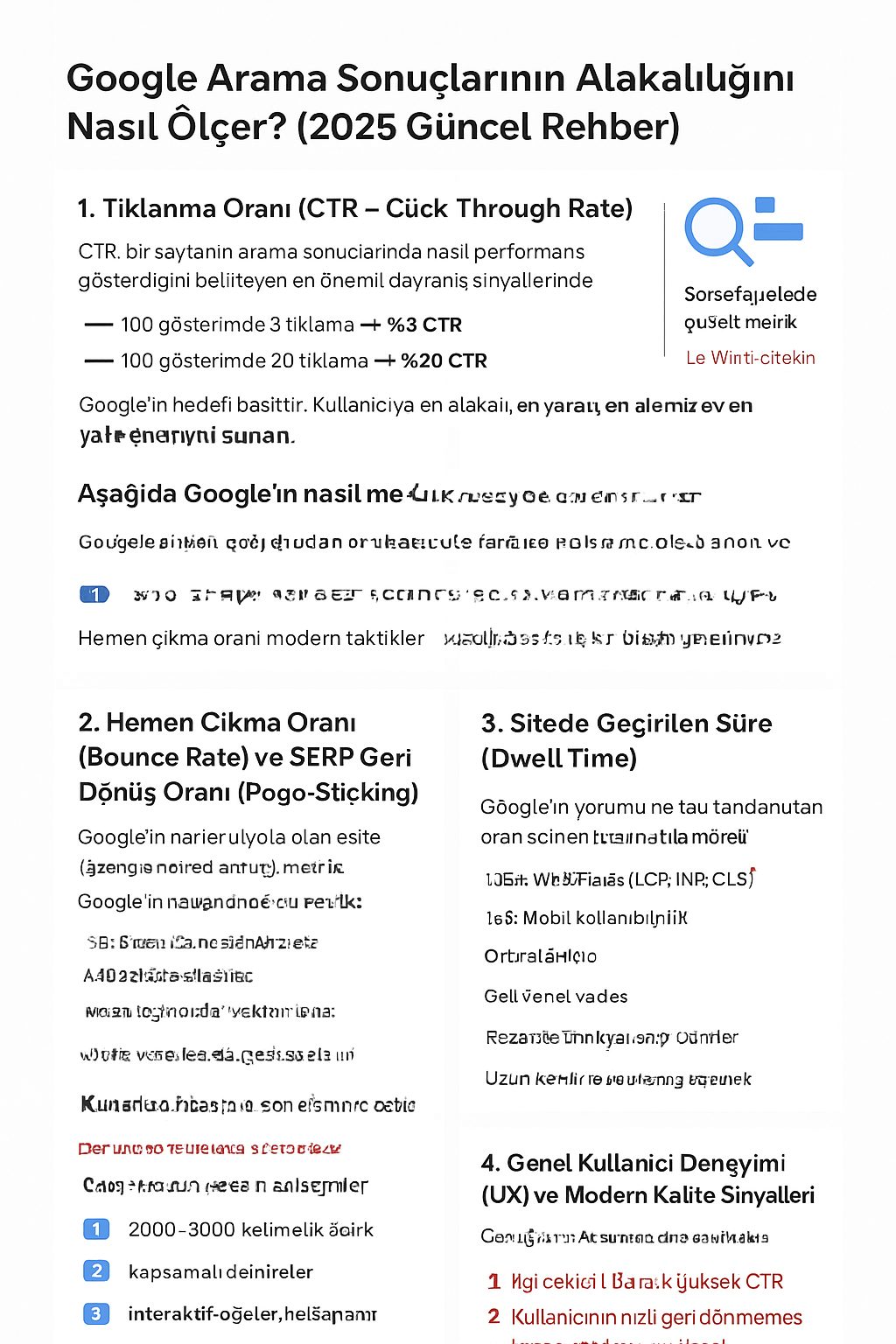 Google Arama Sonuçlarının Alakalılığını Nasıl Ölçer, Tıklanma Oranı, Hemen Çıkma Oranı, Sitede Geçirilen Süre, Genel Kullanıcı Deneyimi